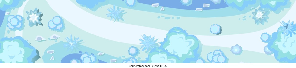 Winter landscape top view. Snowy frosty nature in cold season. From high. White and blue drifts of snow. Illustration in cartoon style flat design. Vector.