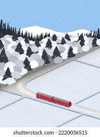 Winter landscape. Train on railway. Traveling. Snowdrifts. Snowfall. Clear blue sky. Blizzard. Snowy weather. New year and Christmas background. Simple graphic. Trendy flat design. Vector illustration