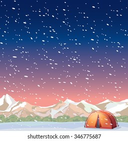 Winter landscape - travel tent, frozen mountains and snowfall on a night sky. Extreme camping. Nature vector illustration.