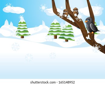 Winter landscape with tree branch and cartoon birds.