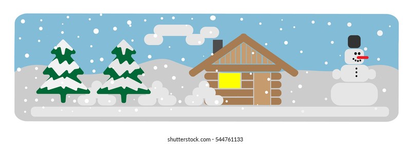 winter landscape tree, house, snowman. Flat