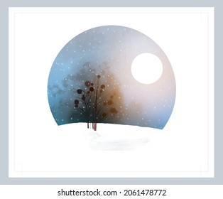 Winter landscape with tree and the moon in circle. Traditional oriental ink painting sumi-e, u-sin, go-hua