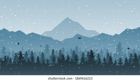 Winter landscape with tree and mountain for Christmas background