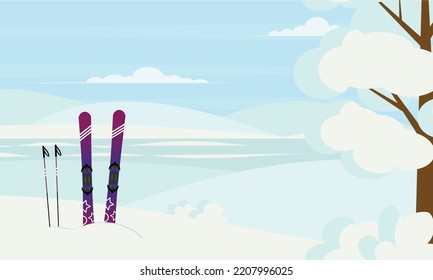 Winter landscape with tree mountain and sky with stickers. Vector illustration.