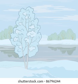 Winter landscape: tree on the shore of a frozen pond and the blue sky with white clouds. Vector