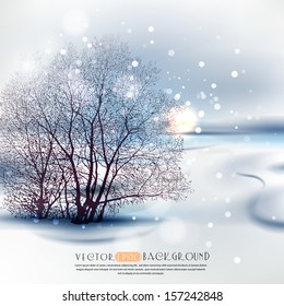Winter landscape with a tree silhouette.The illustration contains transparency and effects. EPS10