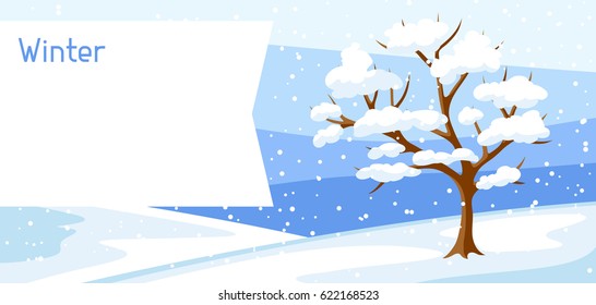 Winter Landscape With Tree And Snow. Seasonal Illustration.