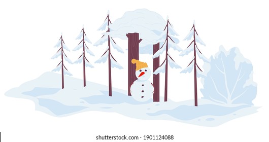 Winter landscape with trees covered with snow. Snowman in woods wearing warm knitted hat. Man made of snowballs. Celebration of xmas and new year, merry christmas scene. Vector in flat style