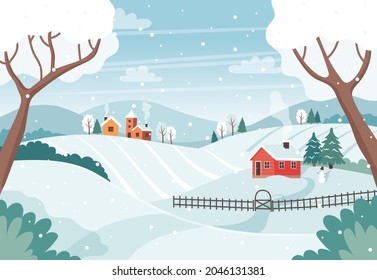 Winter landscape with trees, fields, houses. Seasonal countryside landscape. Vector illustration in flat style