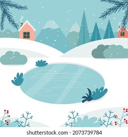 Winter landscape with trees, fields, houses and lake. Vector illustration in flat style. Merry christmas card.