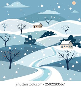 Winter landscape with trees, fields, houses. Seasonal rural landscape. Vector illustration in flat style