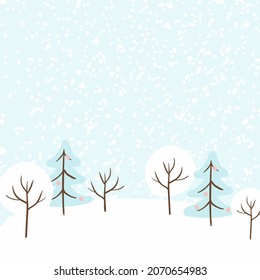 winter landscape with trees and fir-trees. falling snow cute winter illustration.