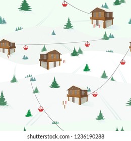 Winter landscape with trees, funiculars, mountain houses, skis, snow. Seamless vector.