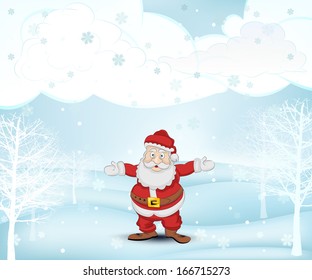 winter landscape with trees and happy Santa Claus at snowfall vector illustration