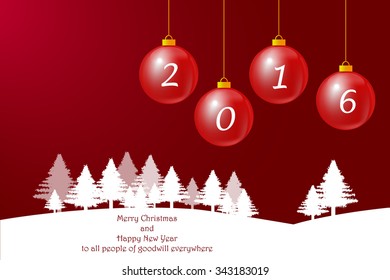 Winter landscape with trees in the horizon and Christmas baubles. The background is in trendy red gradient. Inscription Happy New Year to all people of goodwill everywhere  is in the white foreground.