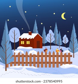 Paisaje invernal con árboles y casa. Noche de invierno, humo de una chimenea, luna y estrellas, árboles nevados, pájaros en la valla. Vector. Para embalajes, tarjetas, saludos e invitaciones, páginas web y