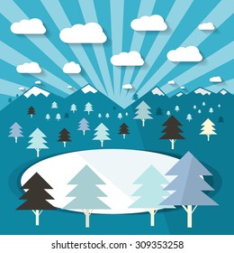 Winter Landscape with Trees and Lake . Blue Flat Design Vector Illustration