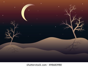 Winter landscape with trees, moon and snow hills