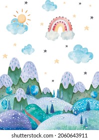 winter landscape, trees, mountains, clouds and stars watercolor childrens illustration on a white background, nursery room decor, print