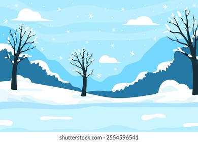 Winter landscape with trees and mountains, flat vector illustration. Background for design.