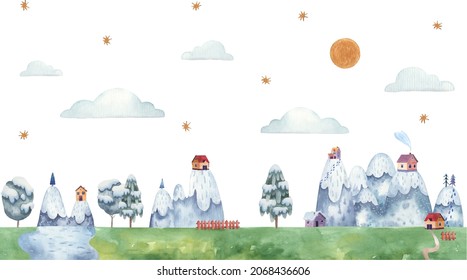 winter landscape, trees, mountains, golden stars watercolor childrens illustration on a white background, nursery room decor, print