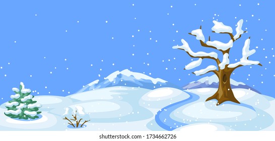 Winter landscape with trees, mountains and hills. Seasonal nature illustration.