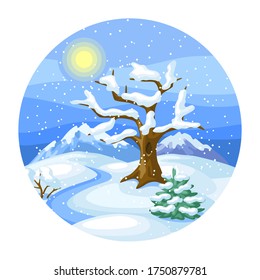 Winter landscape with trees, mountains and hills. Seasonal nature illustration.