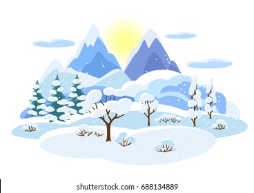 Winter landscape with trees, mountains and hills. Seasonal illustration.