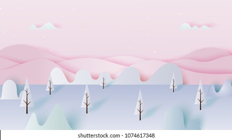 Winter landscape with trees and mountains paper art style design.Vector illustration.