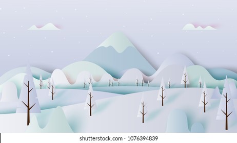 Winter landscape with trees and mountains paper art style design.Vector illustration.