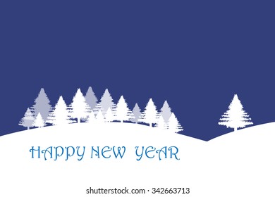 Winter landscape with trees in the mountains. Trendy dark blue background. Inscription  Happy New Year is in the white foreground.