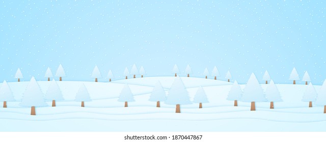 paisaje invernal, árboles en las colinas y caídas de nieve, estilo de arte de papel