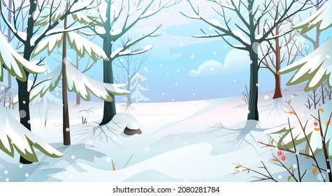 Winter landscape with trees and pine trees, woods covered with snow, Christmas snowdrifts and frost realistic horizontal illustration. Vector winter nature poster design.