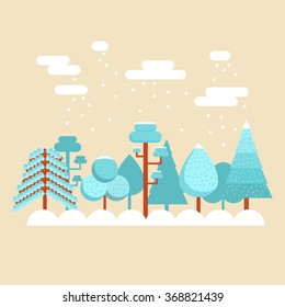 Winter landscape with trees and pines. Snow falling. Flat design.