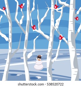 Winter landscape, trees, snow, snowman, bullfinch, cartoon style, vector illustration
