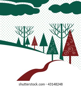 Winter landscape with trees in snowfall, christmas background