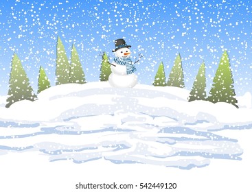 winter landscape with trees and snowman. Winter background with a snowman