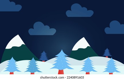 Winter landscape. trees vector background with clouds in the sky and mountains behind the hills. Christmas winter scenery of cold weather.
