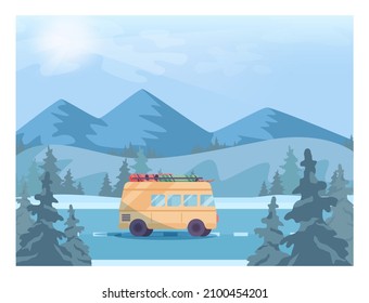 Winter landscape. Van is going down a road. Snowy hills and forest scenery. Beautiful nature in snow, december freezing weather. Flat vector illustration
