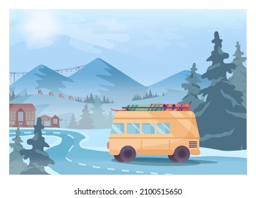 Winter landscape. Van is going down a road to a ski resort village. Snowy hills and forest scenery. Beautiful nature in snow, december freezing weather. Flat vector illustration