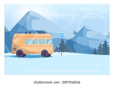 Winter landscape. Van is standing on a parking lot near a ski resort village. Snowy hills and forest scenery. Beautiful nature in snow, december freezing weather. Flat vector illustration