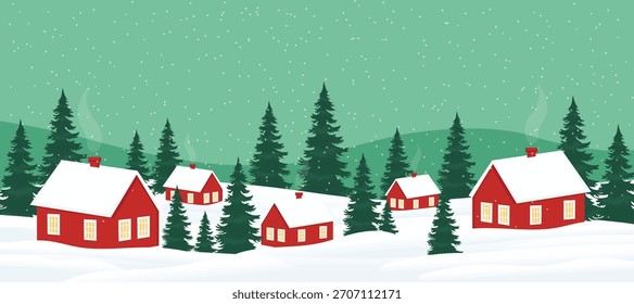 Inverno paisagem vetor fundo Natal casa floresta neve.
