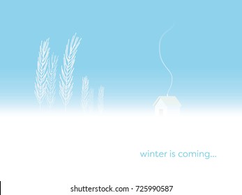 Winter landscape vector background with cottage and trees in freezing cold conditions. Eps10 vector illustration.