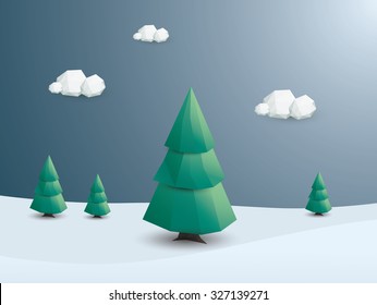 Winter landscape vector background. Low poly nature wallpaper with green trees and snowy scenery. Eps1 vector illustration.