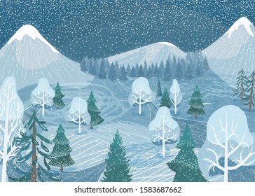 Winter landscape vector background. Nature mountain forest snowy scene with fir tree, road, spruce, pine. North outdoor snow scenery.