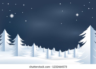 Winter landscape vector background. Winter night scene, christmas card for web site, banner, backdrop, flyer and wallpaper. Woodland landscape for postcard,greeting card and cover.Vector illustration