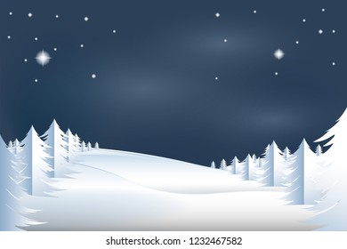 Winter landscape vector background. Winter night scene, christmas card for web site, banner, backdrop, flyer and wallpaper. Woodland landscape for postcard,greeting card and cover.Vector illustration