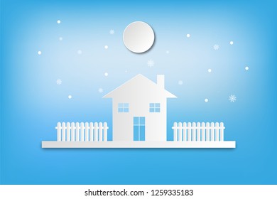 Winter landscape vector background. Paper cut winter scene for christmas card, banner, flyer and wallpaper