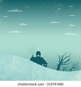 Winter landscape vector background. Polygonal graphic design. Depressing, sad, lonely scene. House with trees. Eps10 vector illustration.