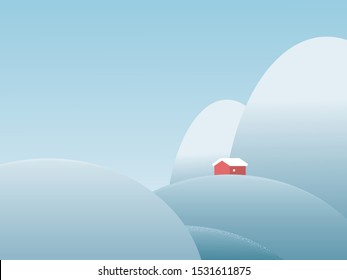 Winter landscape vector background with red cottage, cabin in mountains. Minimalist art design with grain texture. Eps10 illustration.